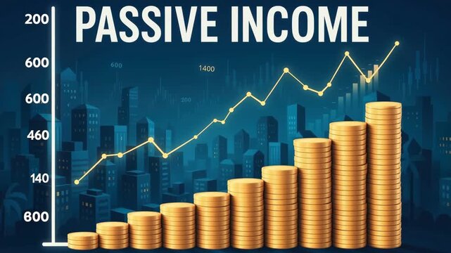Financial illustration showing stacked gold coins rising with upward graph under passive income headline representing wealth growth and investment returns.