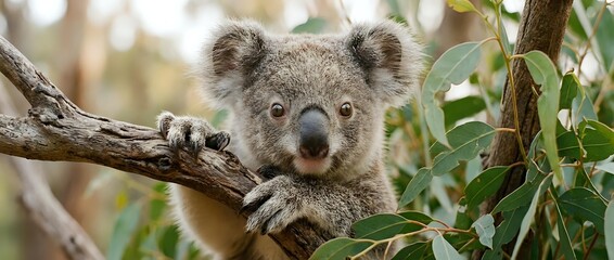 Naklejka premium Adorable koala bear sitting on eucalyptus tree branch in natural habitat. Wildlife conservation and Australian native animals concept for educational materials.