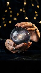 Fototapeta premium Fortune teller hands holding crystal ball with galaxy stars universe inside against bokeh lights background for mystical divination readings.
