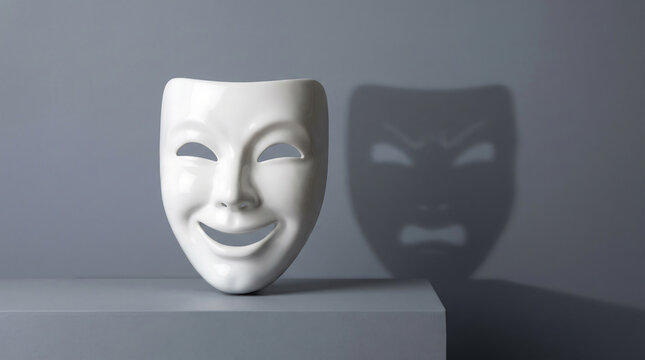 A white happy mask revealing the silent anger of a hidden face through its shadow on a grey wall, portraying emotional duality and internal conflict for news, advertising