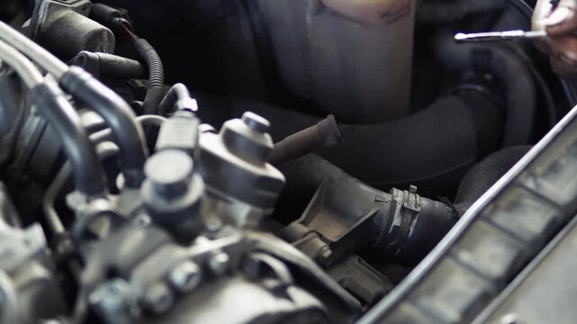 Services car engine machine concept, Automobile mechanic repairman hands checking a car engine automotive with oil level in the engine transportation, car service and maintenance