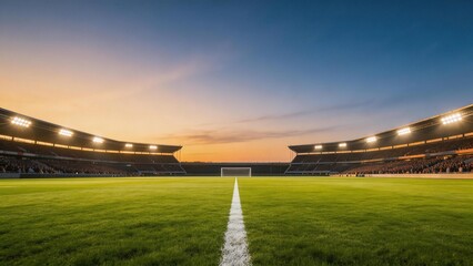 Fototapeta premium Soccer stadium at dusk with illuminated field