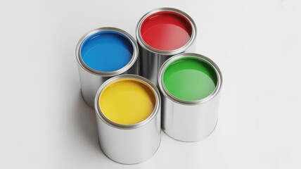 Five vibrant paint cans arranged in a circular pattern on a white surface