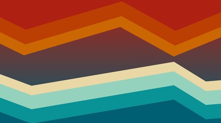 Obraz premium Retro abstract background with geometric zigzag layers in vintage red, orange, cream, and teal. A flat vector design inspired by 70s aesthetics, perfect for nostalgic and modern digital projects.