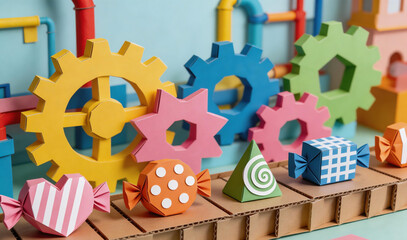 Fototapeta premium Colorful gears and candies on wooden surface, playful mechanical theme, bright pastel palette