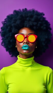 Striking African American Woman with Large Afro and Red Round Sunglasses and Bold Teal Lipstick Portrait on Purple Background