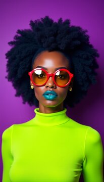 Striking African American Woman with Large Afro and Red Round Sunglasses and Bold Teal Lipstick Portrait on Purple Background