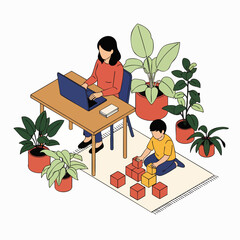 Fototapeta premium Isometric illustration of a woman working from home on a laptop while her child plays with building blocks nearby, surrounded by houseplants.