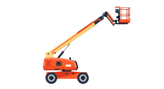 Orange articulated boom lift with basket on white background