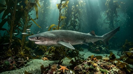 Fototapeta premium Underwater shark swimming through kelp forest with natural sunlight