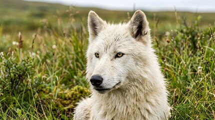 White wolf in green meadow, wilderness animal, serene wildlife portrait