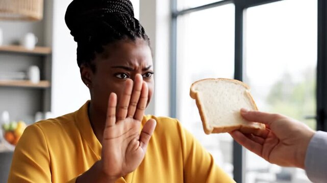 A visibly displeased young adult woman strongly rejects a slice of white bread offered to her, making a clear 'stop' gesture with her hand. Her expressive face shows disapproval and aversion, conveyin