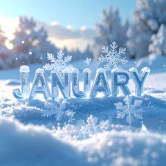 1月 冬 雪 結晶 JANUARY 立体文字 素材
