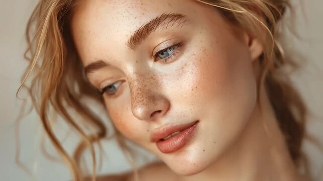 Close-up portrait of a young blonde woman with blue eyes, freckles, and a soft smile