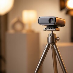 Portable Mini Projector On Metal Tripod Stand In Studio Setting