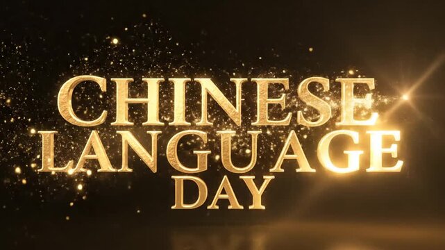 Glowing golden Chinese Language Day text on black background
