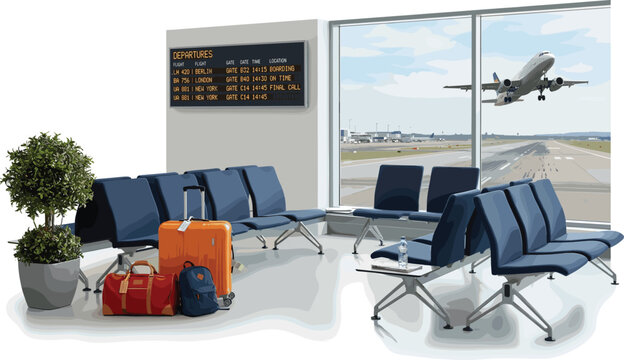Airport departure lounge featuring empty seating, luggage, and a digital flight board, with an airplane taking off in the background, symbolizing air travel and global journeys
