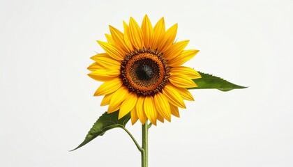 Fototapeta premium A bright sunflower stands tall with large yellow petals and green leaves against a plain white background, captured from a front viewpoint, file reference 28_njvz9u_Vik.jpg