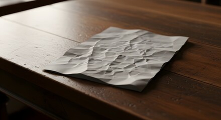 Crumpled White Paper with Intricate Texture and Deep Shadows Lying on a Rustic Wooden Table Surface