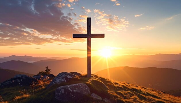 Serene cross standing tall on hilltop at sunrise with mountains in the background
