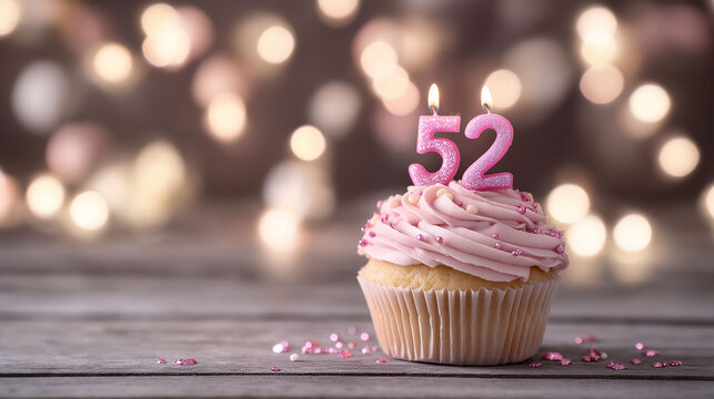 Cupcake to celebrate an anniversary or 52nd birthday, with pink details.