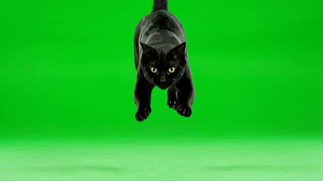 A stealthy black cat pouncing forward with focused intent on a green screen black cat, predator, compositing