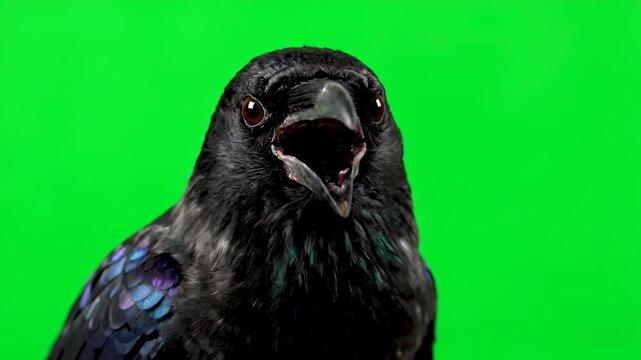 A thirsty crow opening its beak wide, isolated on a green screen bird, action, green screen