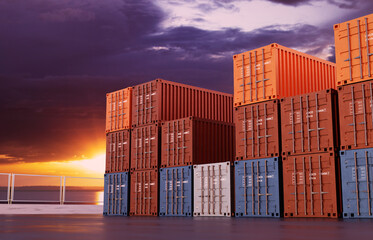 Fototapeta premium Stack of shipping containers for storage against the sunset. 3d-rendering