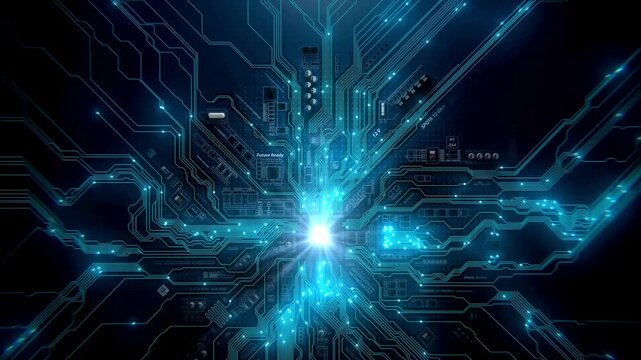 data flow on computer circuit board. Glowing circuit boards and electronic components. Data flow on a motherboard. Digital data flow Technology Concept.