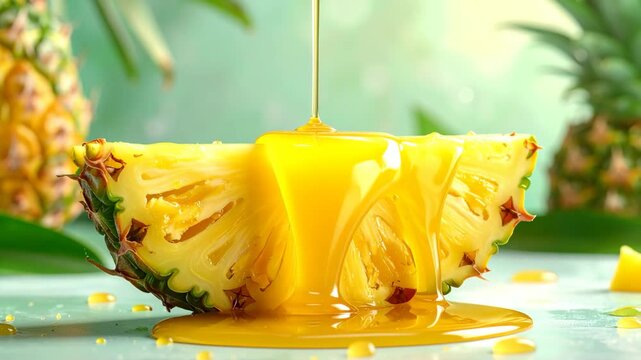 A pineapple slice being drizzled with a bright yellow liquid