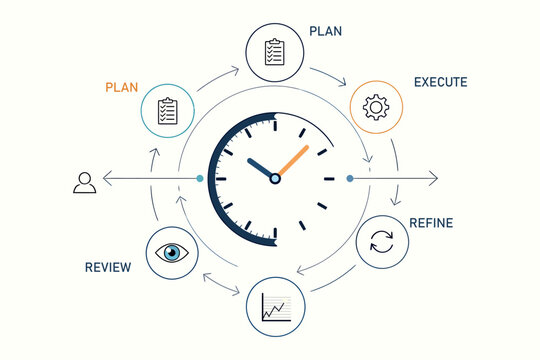 Visualizing the continuous process of plan execute review and refine with a clock