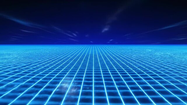 Abstract blue glowing grid on wavy digital landscape