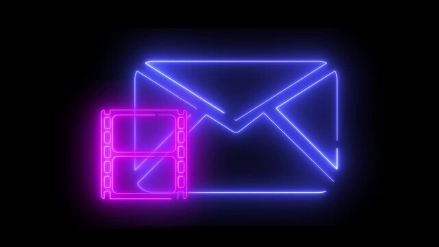 Neon light effect animation of a mailing envelope icon with film