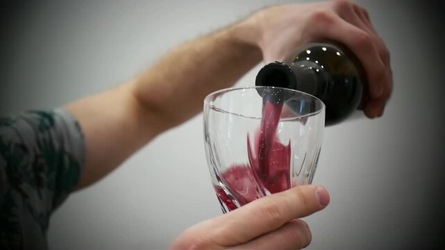 Close-up of a man's hands pouring red wine from a bottle into a glass