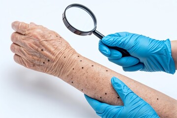Doctor examine skin spot with magnifying glass on senior arm. Skin cancer screening