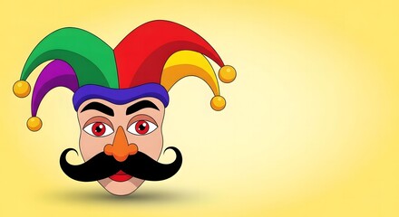 Fototapeta premium A colorful cartoon jester's head with a large mustache and hat