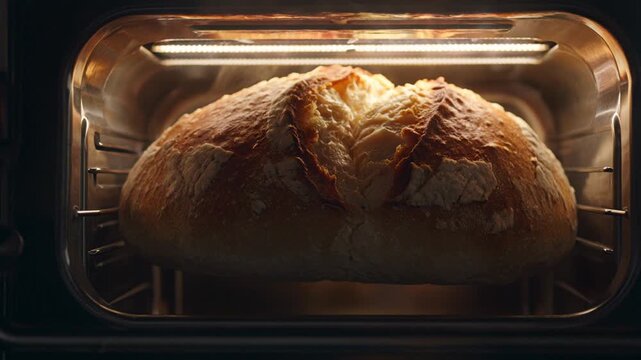 Freshly baked sourdough bread steaming inside a professional oven