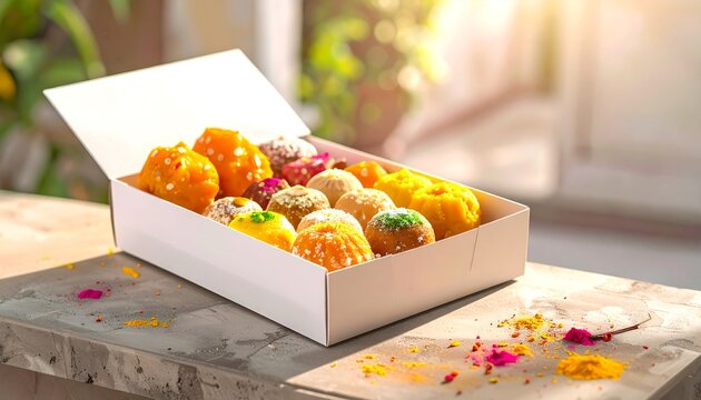 Assorted Indian sweets in a white box on a festive table with colorful petals.