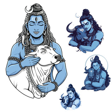 Smiling blue cartoon Load Shiva with a Nandi in a fantasy payer illustration