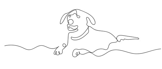 One continuous line outline of a dog swimming. Editable stroke.