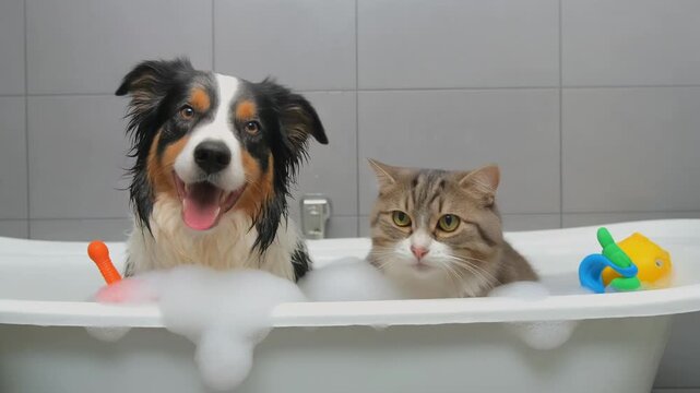A border collie dog and an american shorthair cat in a bathtub with foam.