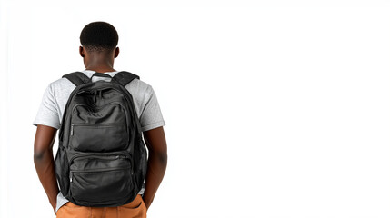Fototapeta premium Man with black backpack standing, back turned. Suitable for travel, adventure, hiking, tourism, exploration, outdoor activities, wanderlust concepts.
