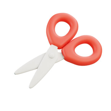 Red scissors isolated on light background cutting tool illustration in soft 3d cartoon style for craft activities.
