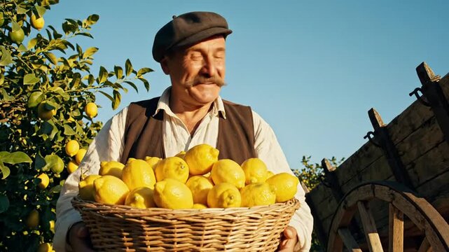 Smiling elderly man holding wicker basket of fresh lemons in sunny orchard, rustic harvest and farm lifestyle, sustainable agriculture and springtime produce