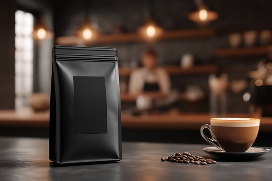 Black coffee bag beans and latte sit in cafe setting. Suitable for coffee shop branding, social media posts, and cafe promotions.