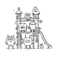 Fototapeta premium Whimsical cartoon monsters playing on a multi level playground structure with slide and ladder in black and white illustration