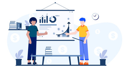 Two businessmen presenting financial growth data and investment strategies using a presentation board