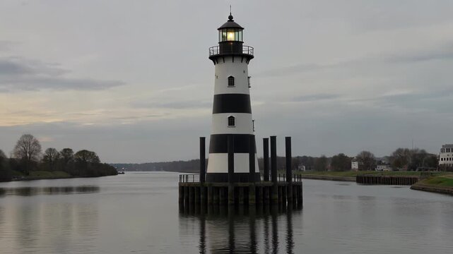 Panoramic view of the riverside lighthouse, the quiet beauty of the lighthouse in the river
