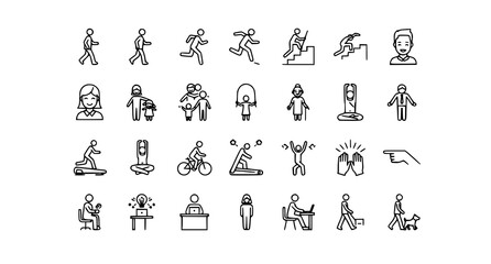 Obraz premium A set of minimalist stick figure icons depicting various fitness and exercise activities in a simple, flat design style.