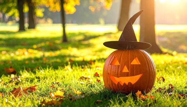 Sunny daytime shot with a carved orange squash wearing a pointed hat on green grass